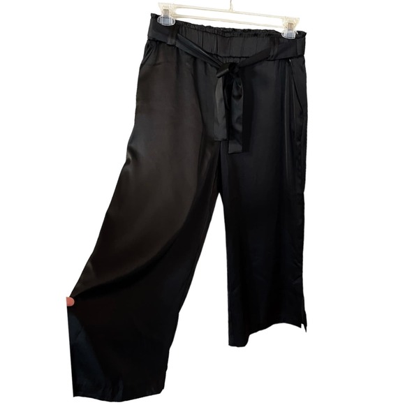 JOIE Cropped Pants Elastic Waist Satin Charmeuse Black Belted Medium NWOT - Picture 5 of 9